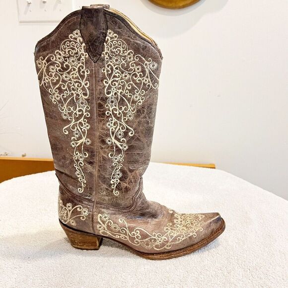Corral Distressed Brown Cowgirl Boots Bone Embroidery 7.5 Western Cowboy Boho - Picture 5 of 16